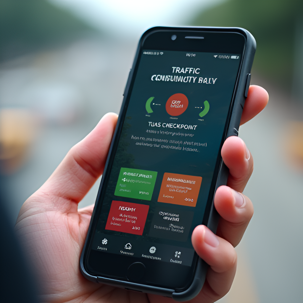 A close-up photo of a hand holding a smartphone displaying a traffic monitoring app showing green (clear), orange (moderate), and red (heavy) conditions at Tuas Checkpoint, highlighting the use of technology for checking traffic.
