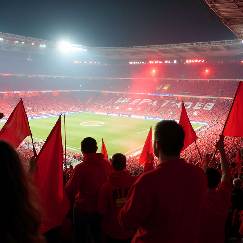 An atmospheric photo capturing the vibrant and passionate atmosphere inside the Stadio Via del Mare during a match, focusing on the enthusiastic Lecce supporters with flags and banners.