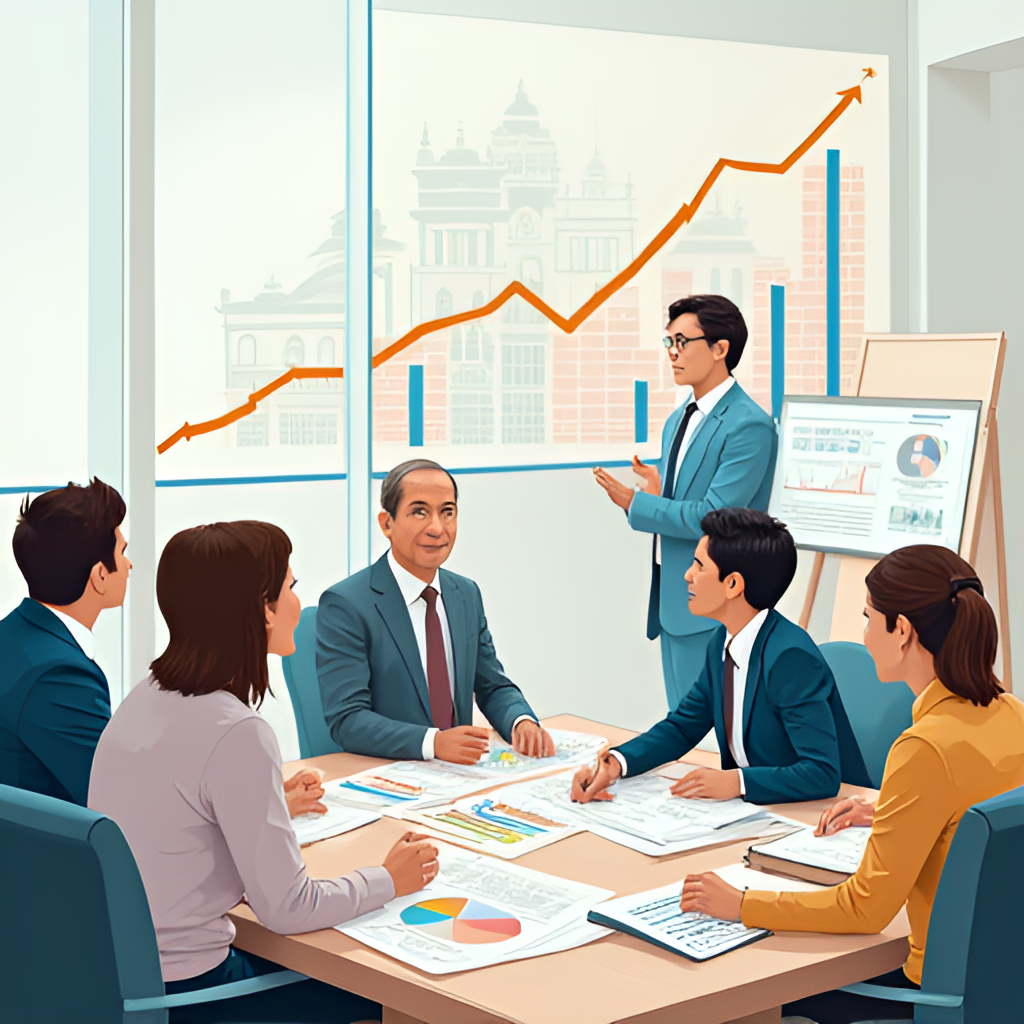 A photo illustration depicting policy discussion or economic growth, perhaps showing charts and graphs with people in a meeting setting, symbolising his work in MTI or MOM.