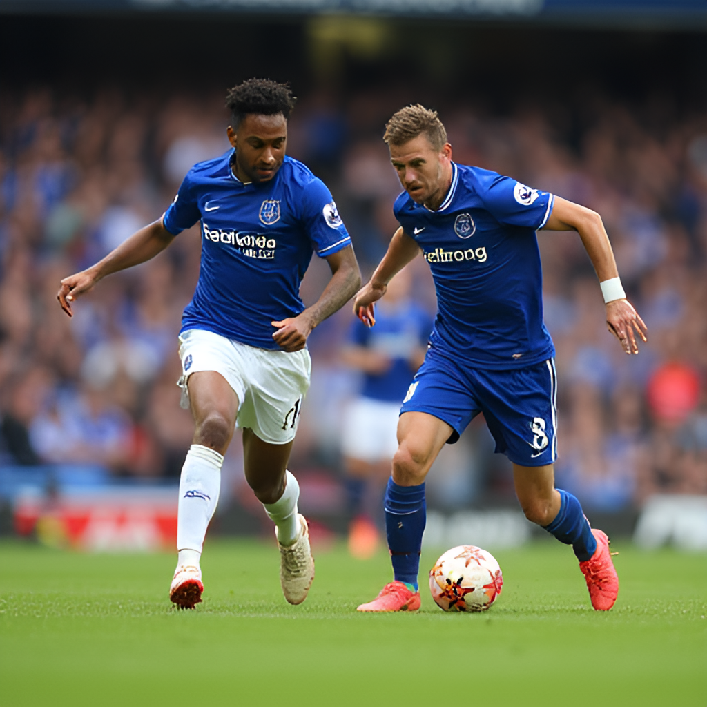A photograph capturing a moment from a recent match between Everton and Southampton, showing players from both teams in action on the pitch at Goodison Park