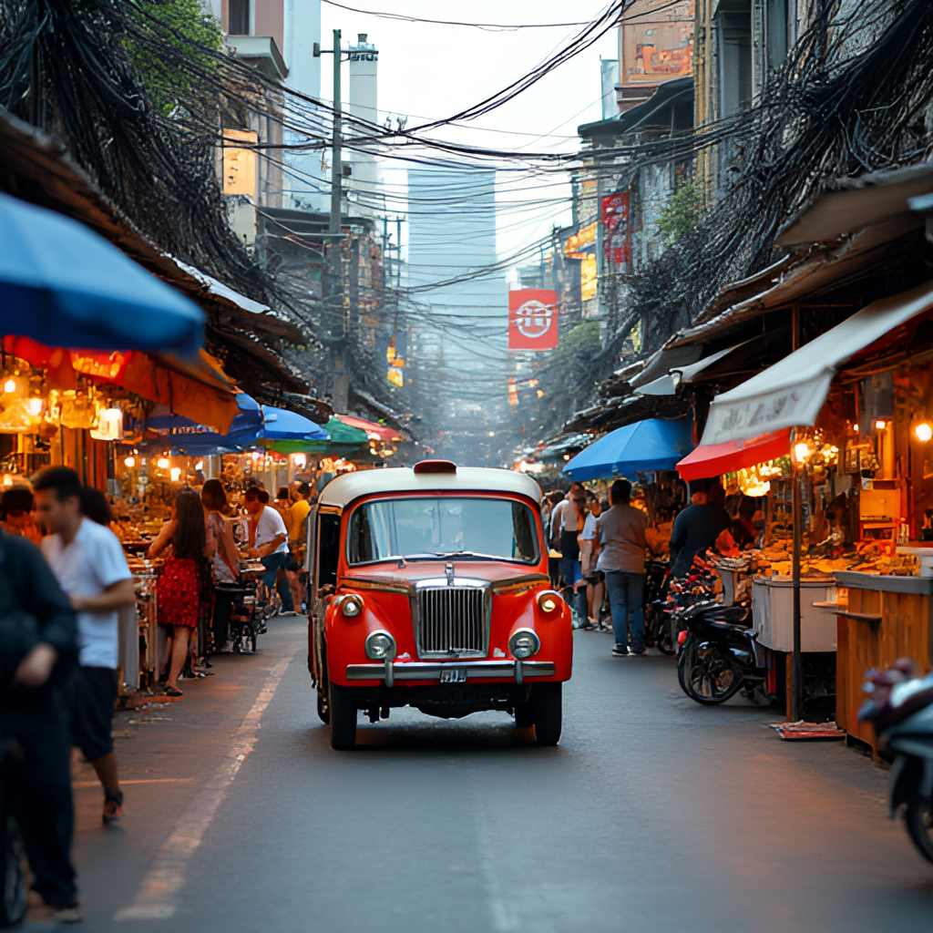 A vibrant street scene in Bangkok, capturing the essence of the city with colorful food stalls, tuk-tuks, and a mix of locals and tourists, conveying a lively atmosphere.