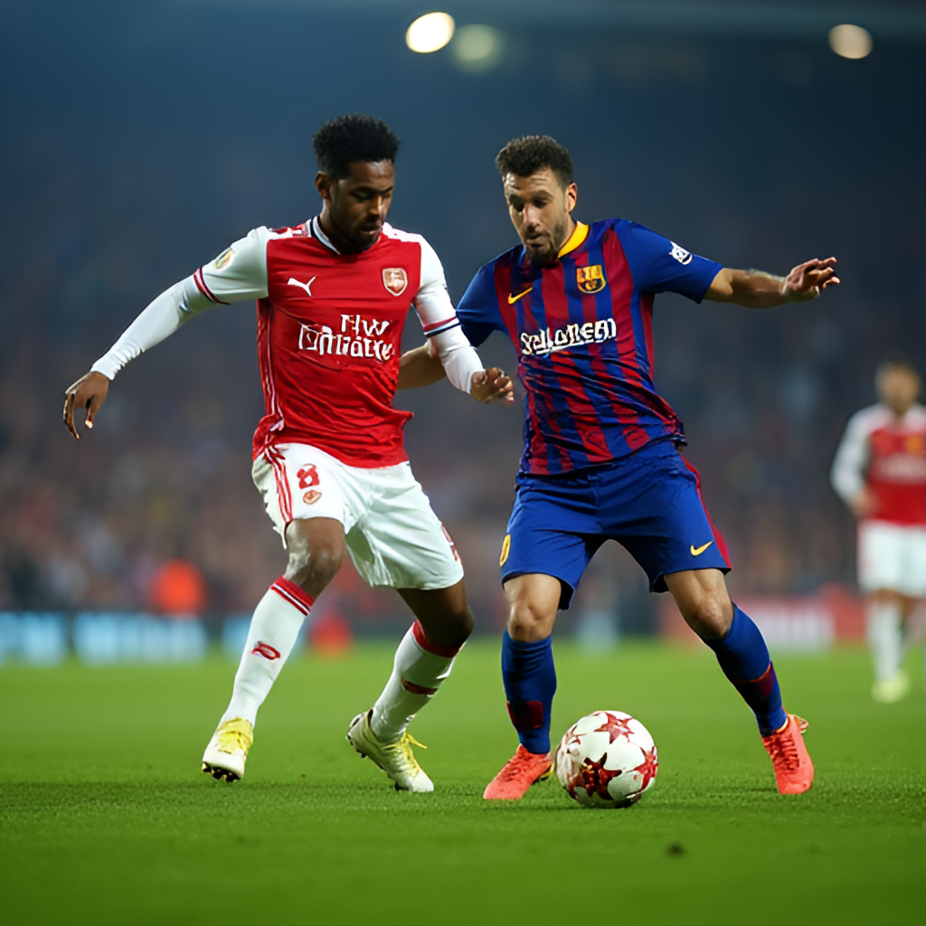 A dynamic, mid-action shot showing an Arsenal player and a Barcelona player challenging for the ball in midfield during a night match, with the floodlights illuminating the scene.