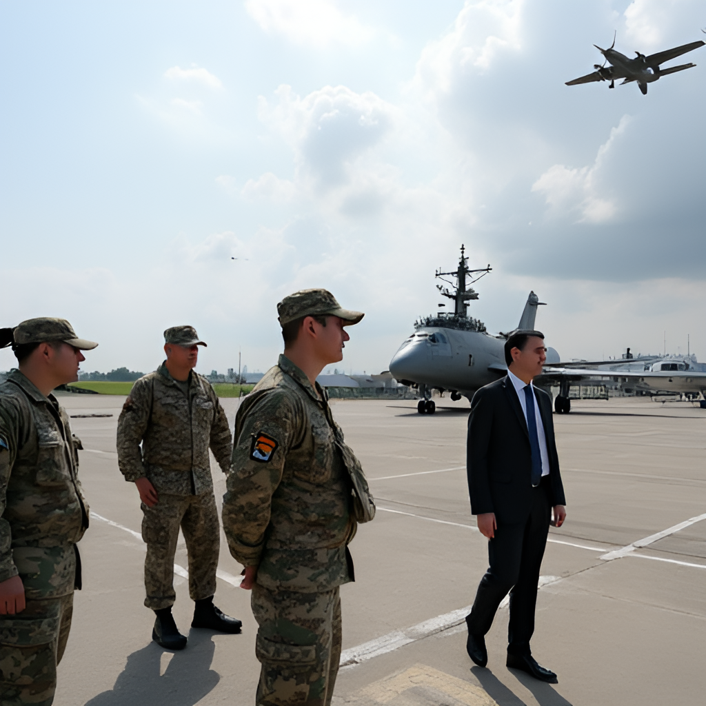 A dynamic shot showcasing a specific SAF capability during a ministerial visit – perhaps showing soldiers during a training exercise, naval vessels at port, or air force personnel with an aircraft, with Minister Chan observing nearby.