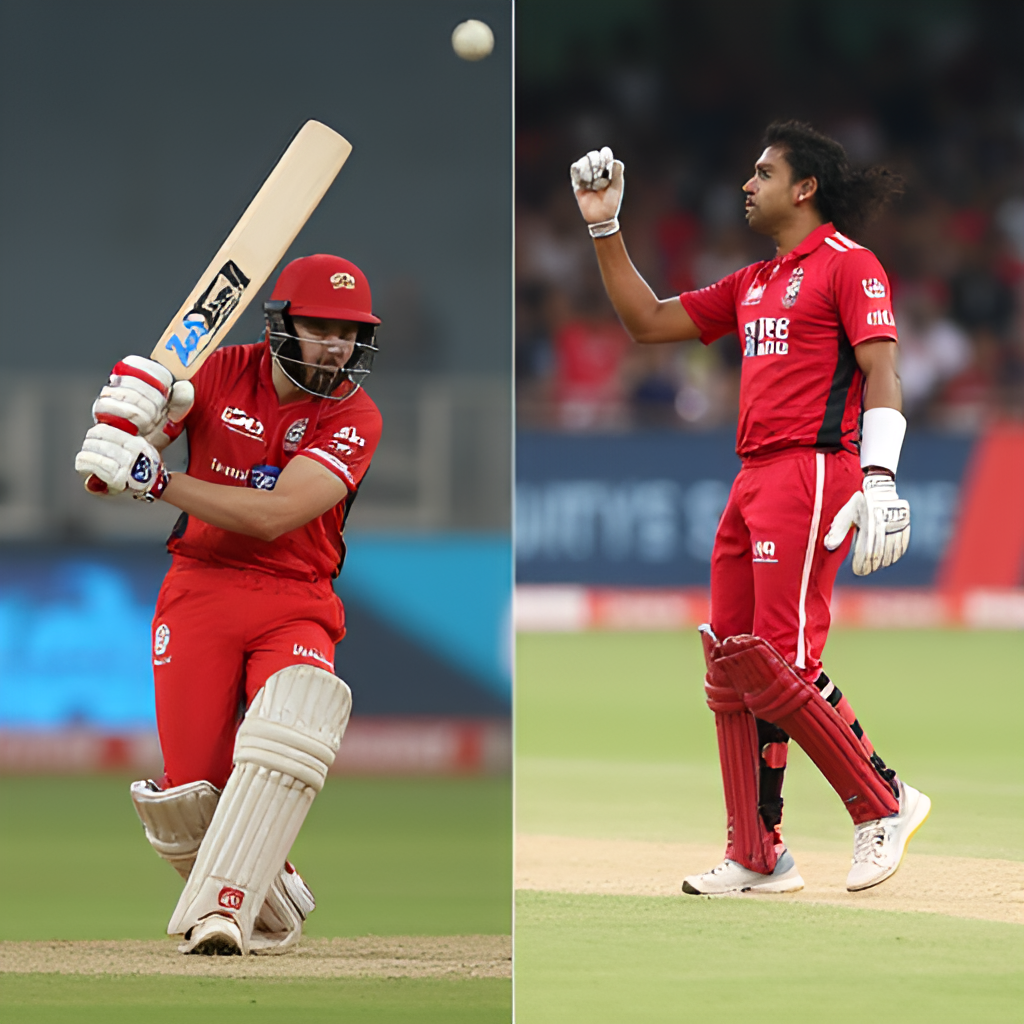 A split-screen image. On one side, a close-up of a cricket bat hitting a ball for a six. On the other side, a bowler celebrating a wicket. Represents the contrasting actions in an LSG vs RCB match.