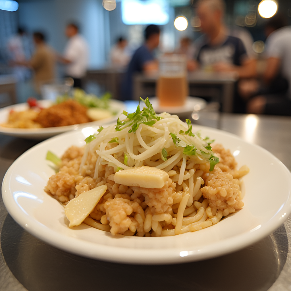 A close-up, inviting photo of a plate of delicious Singaporean Hainanese Chicken Rice or other popular local dish served at one of Far East Plaza's food stalls, with a slightly blurred background of a busy eating area to convey the culinary scene.