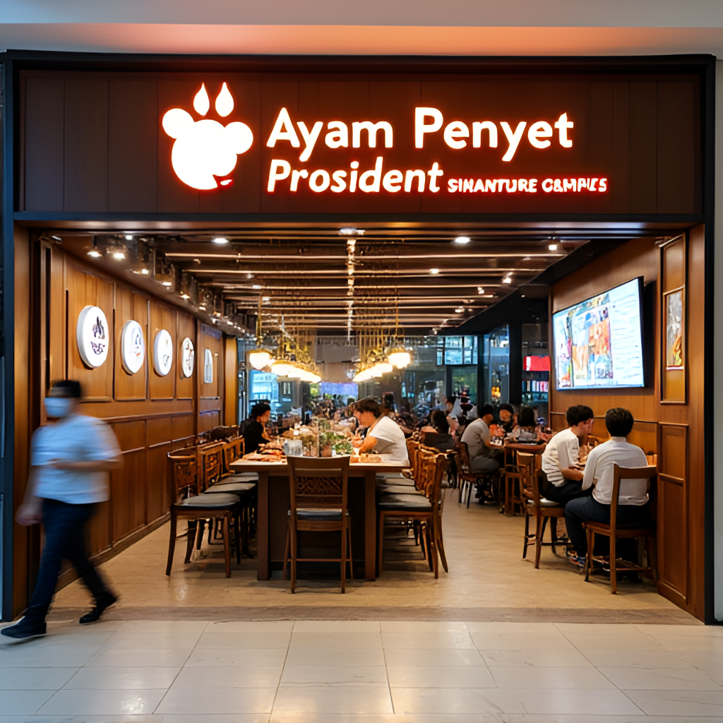 An exterior shot of a typical Ayam Penyet President restaurant outlet in a busy mall in Singapore, showing the storefront and potentially some diners inside