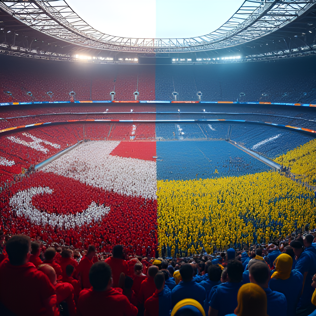 A split image showing a stadium half-filled with passionate Bayern Munich fans in red and white and the other half with equally passionate Boca Juniors fans in blue and yellow, highlighting the contrasting but fervent support for both clubs.