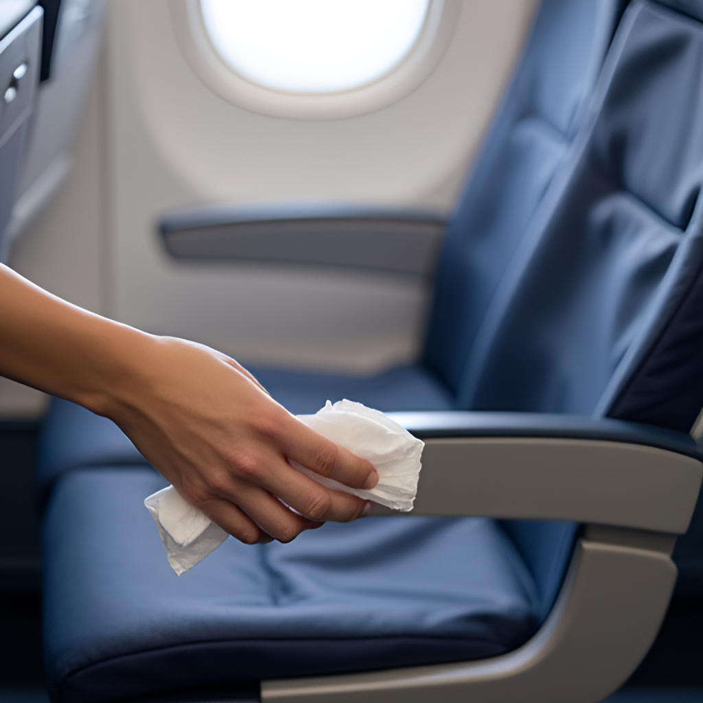 A person using an antibacterial wipe to clean the tray table and armrest on an airplane seat, highlighting personal precautions for allergy sufferers