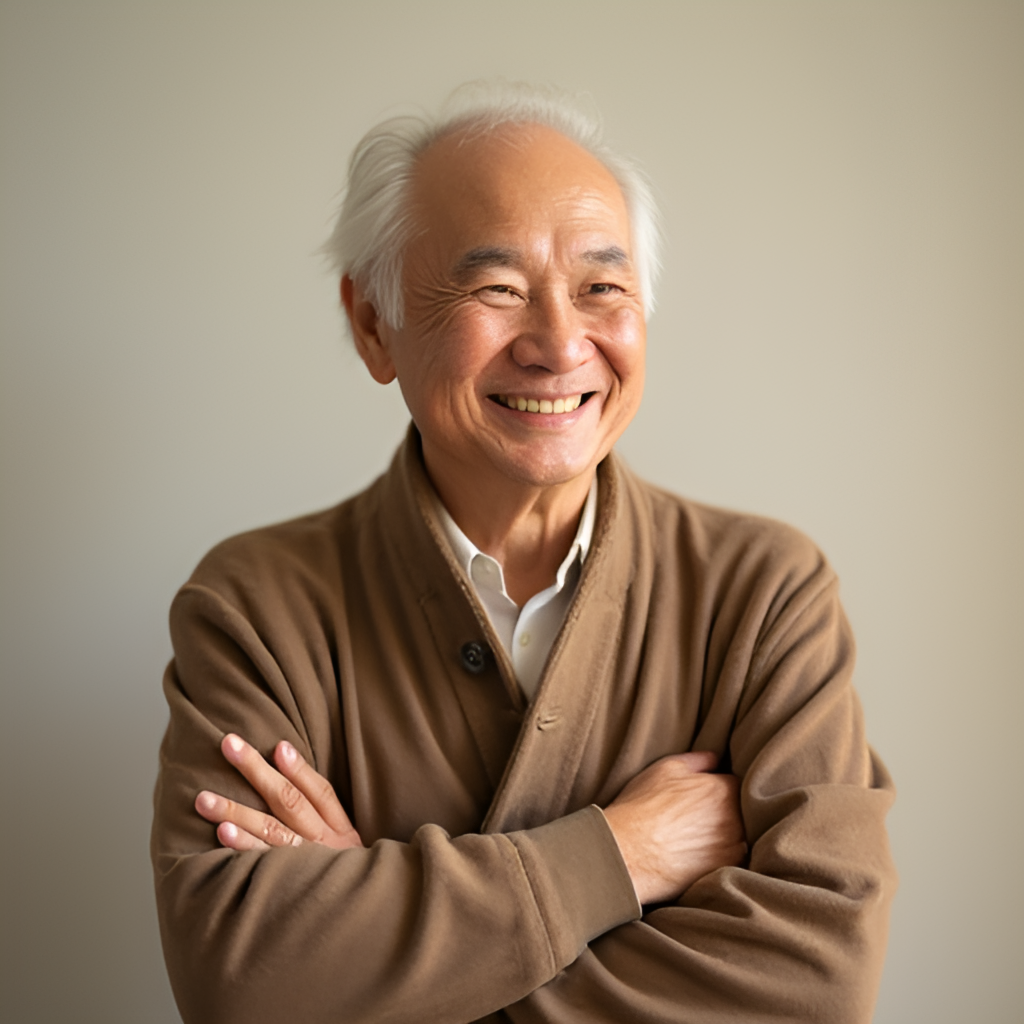 A portrait of Chua Lam in his later years, perhaps smiling or in a thoughtful pose, against a soft background. The image should convey warmth and wisdom, reflecting his life philosophy.