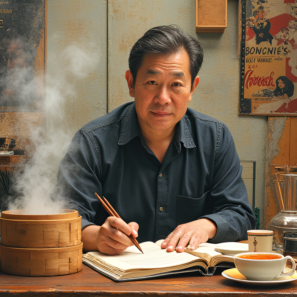 A dynamic collage image representing different aspects of Chua Lam's career: film reels or classic movie posters in the background, elements related to food and dining (like a steaming dim sum basket or elegant dish), and perhaps an open book or writing desk, all subtly combined.