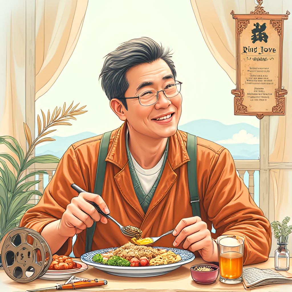 A vibrant illustration depicting Cai Lan in a relaxed pose, perhaps enjoying a meal or looking out at a scenic view, surrounded by symbols of his varied career: a film reel, food items, a travel map, and writing tools, in a warm, inviting style.