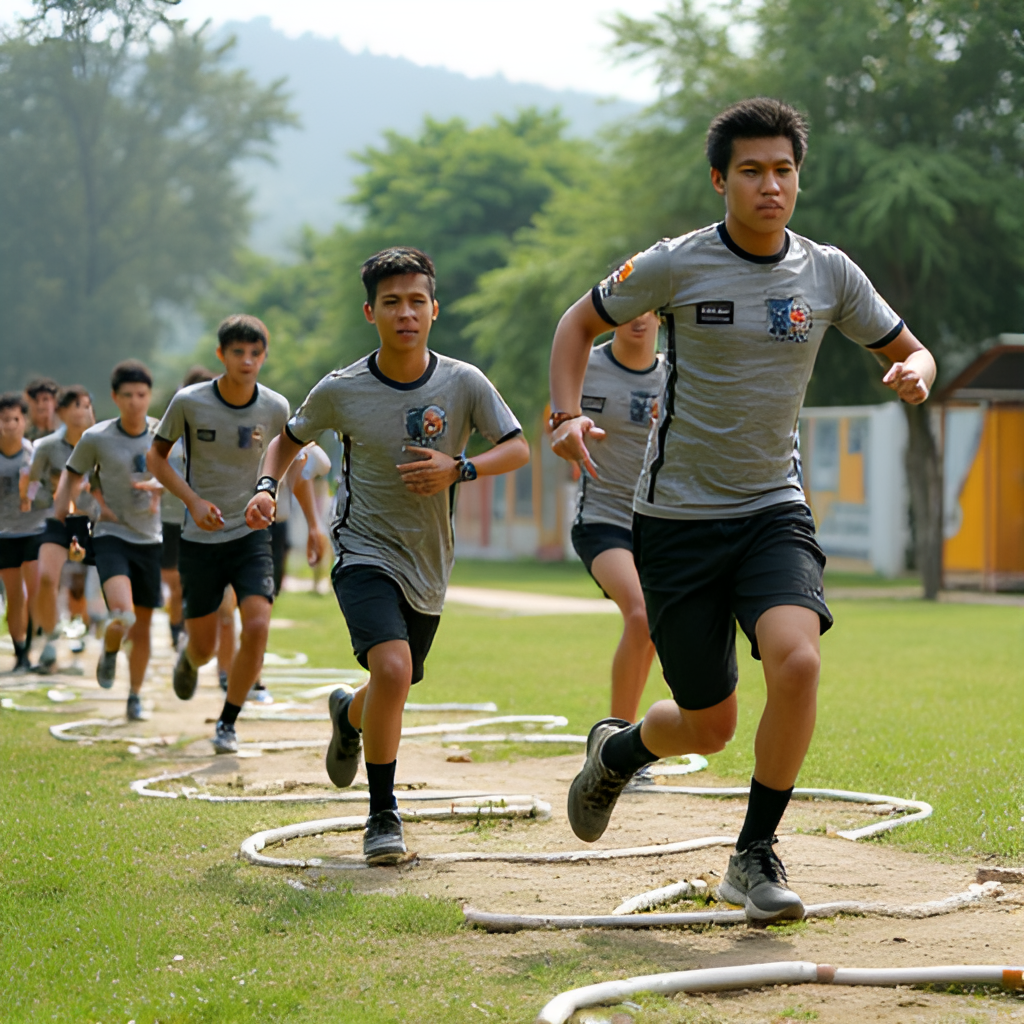 A contemporary, vibrant photo of National Cadet Corps (NCC) cadets participating in an outdoor training exercise at Amoy Quee Camp, showing modern facilities or obstacle courses, with lush greenery and a sense of activity.